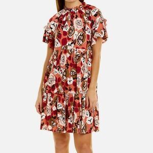 Donna Morgan Tiered Shift Dress Floral Brunt Henna/Crystal Pink Size 2